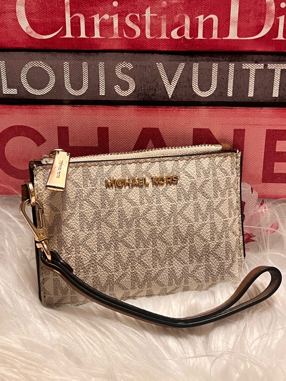 Michael Kors Beige Logo with Gold Hardware wristlet bag